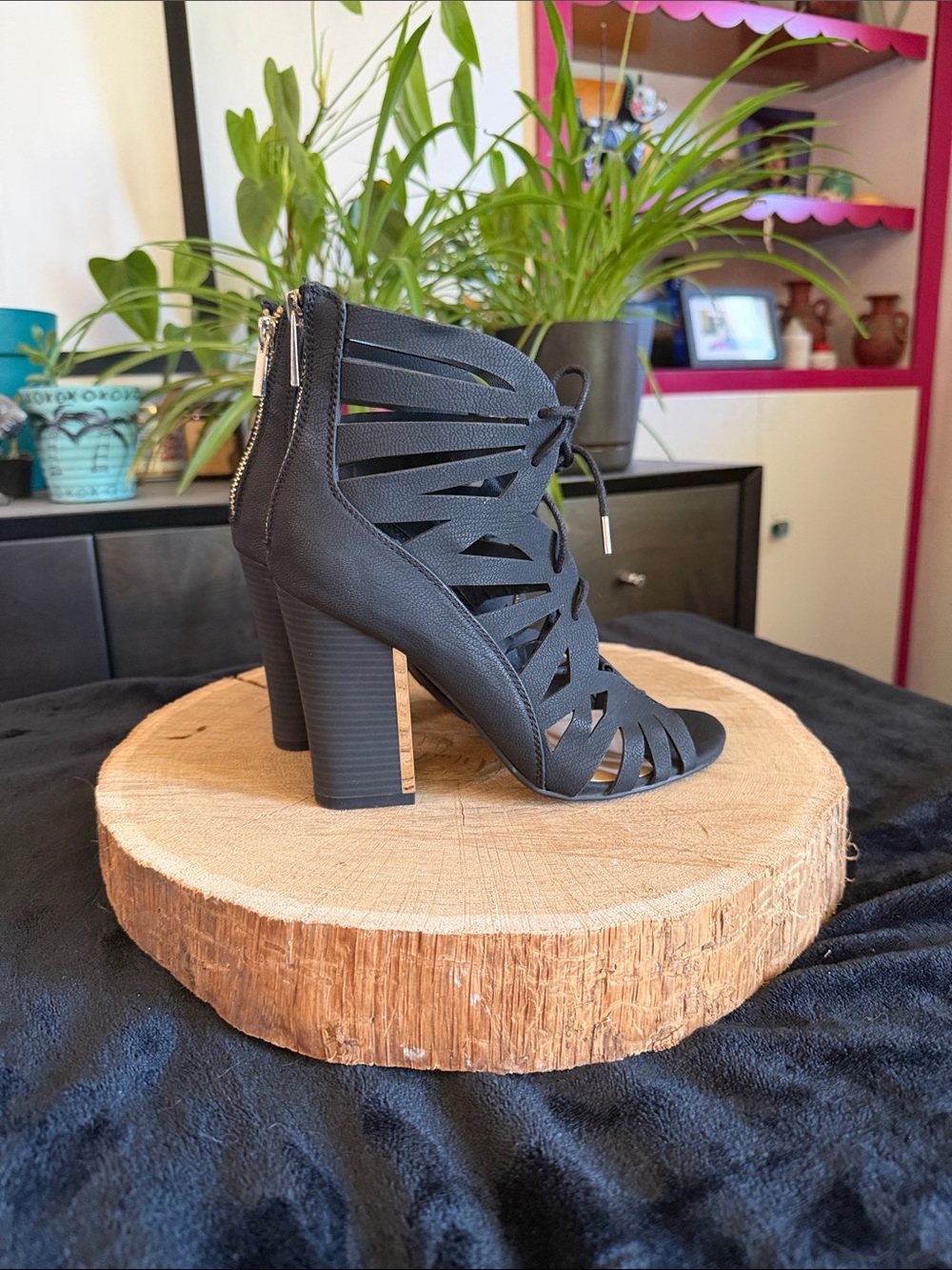 Women's Black Strappy Lace-Up Block Heel Sandals with Gold Accents